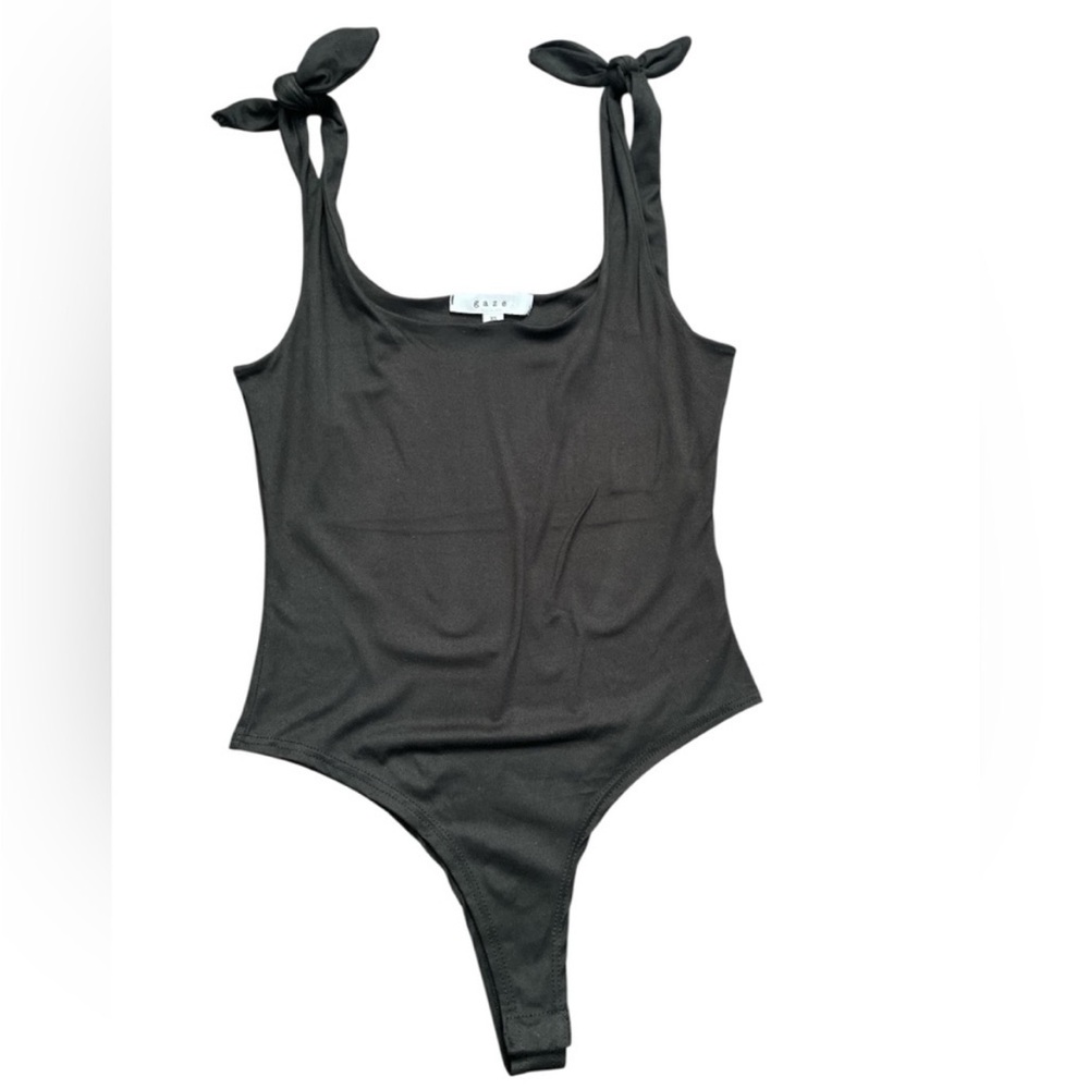 GAZE Black Bow Strap Bodysuit XS Square Neck Tie Shoulder Minimalist Coquette